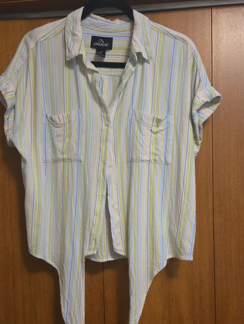 Jordache Yellow & Blue Striped Short-Sleeve Button Blouse
